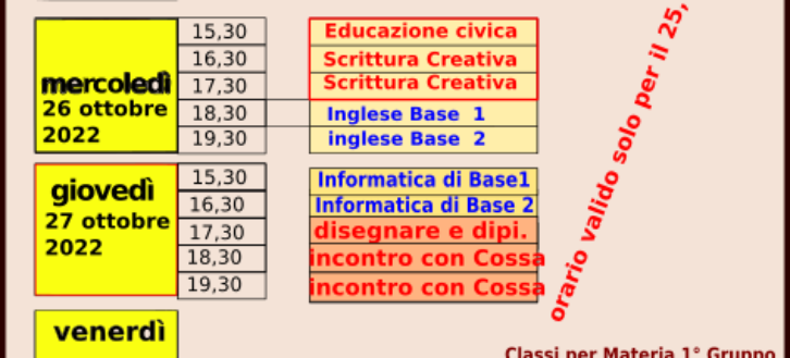 ORARI SOLO PER IL 25,26,27 OTTOBRE 2022