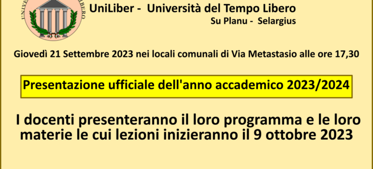 UniLiber: 21 settembre 2023, presentazione docenti e materie anno accademico 2023/2024