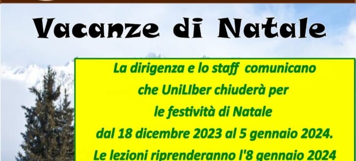 UniLiber chiude dall’8 dicembre 2023. Le lezioni riprendono l’18 gennaio 2024